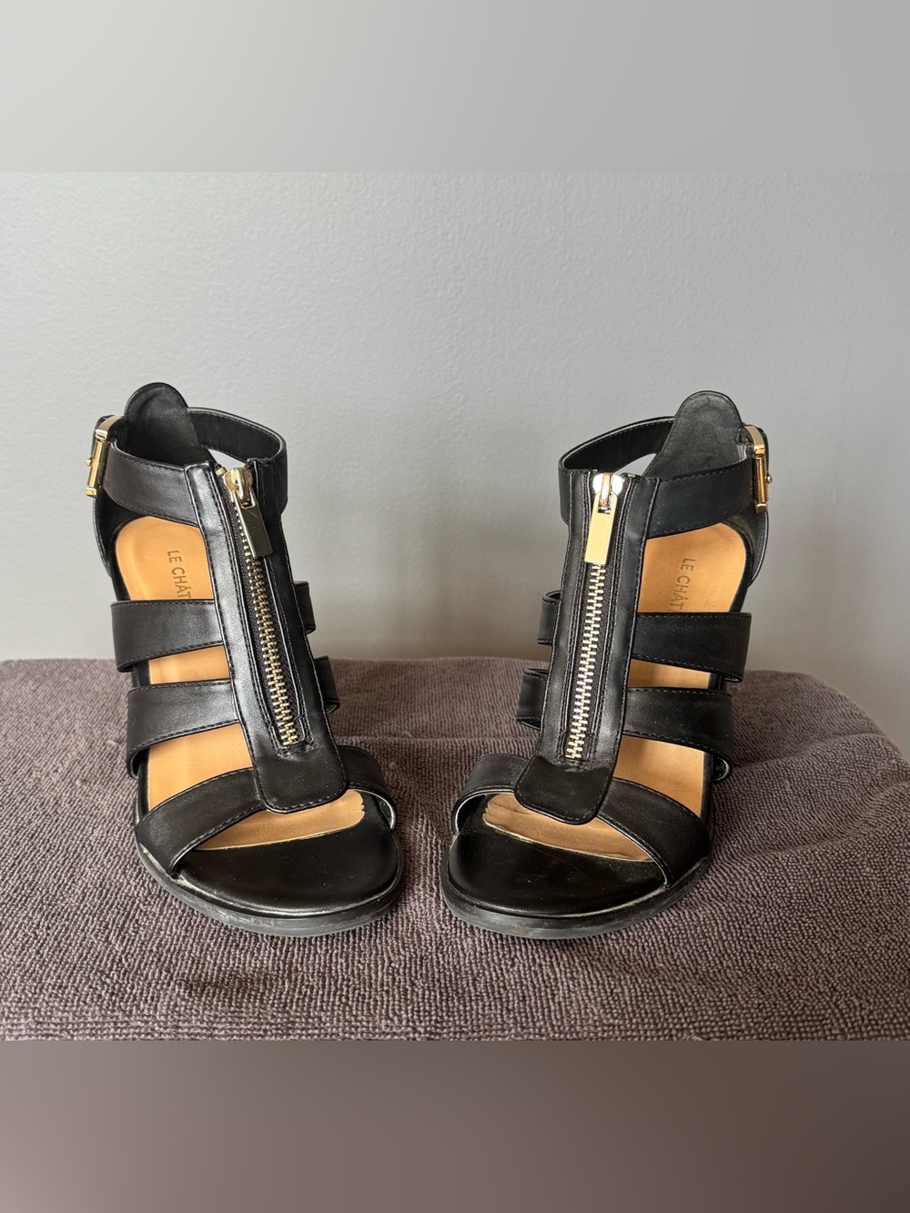 Black Leather Zip Front Women's Sandals